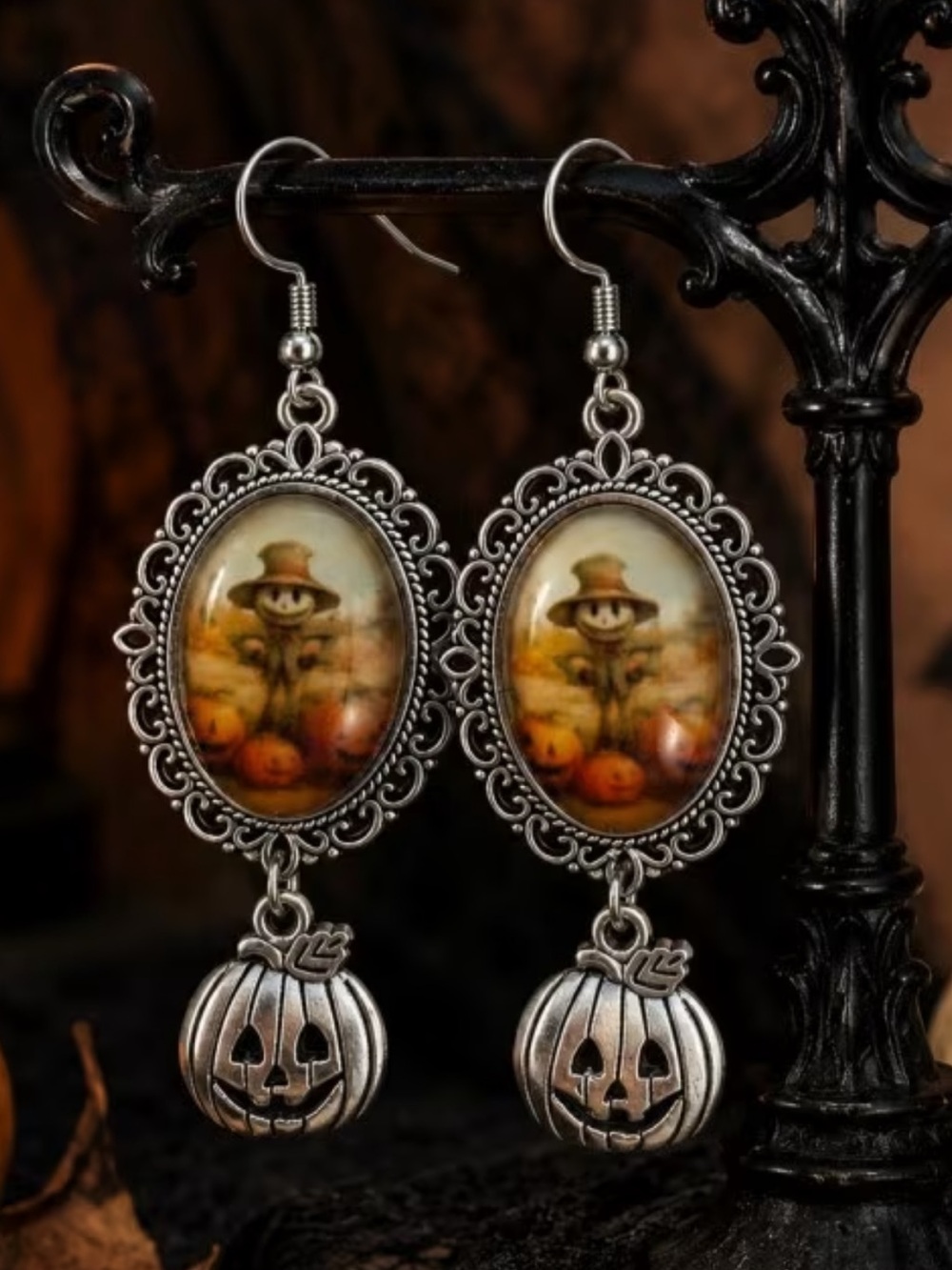 Silver-Tone Halloween Pumpkin & Scarecrow Dangle Earrings - Orange Accents